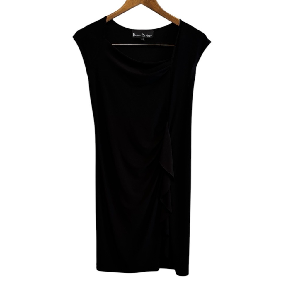 Ellen Parker Vintage Cap Sleeve Sheath Ruffle Silky Stretchy Mini Dress Black - Picture 10 of 10